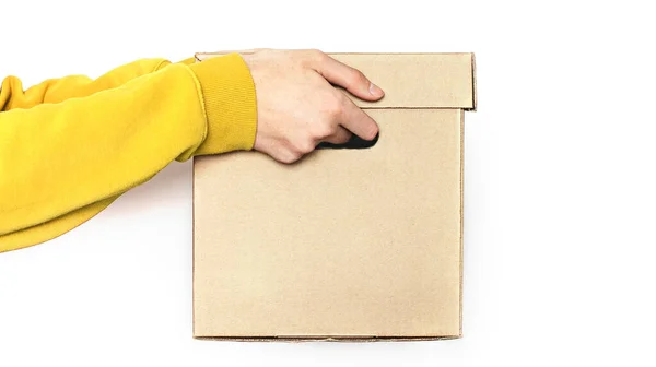 Cfood Delivery Man Holds Box Isolate Copy Space — Stock Photo, Image