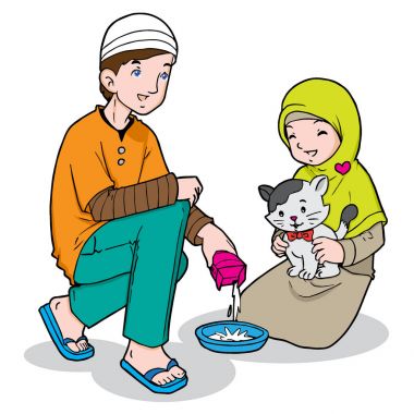 Kedi besleme Müslüman çocuklar çizgi film gösterimi