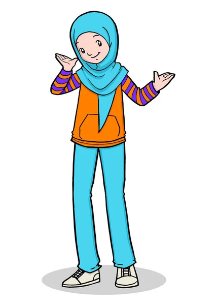 Desenhos animados ilustração de menina muçulmana sorrindo, de pé e posando — Vetor de Stock