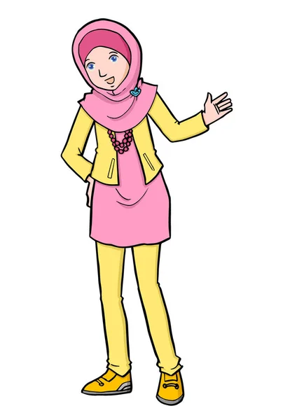 Ilustrasi kartun dari gadis Muslim berdiri dan berpose - Stok Vektor