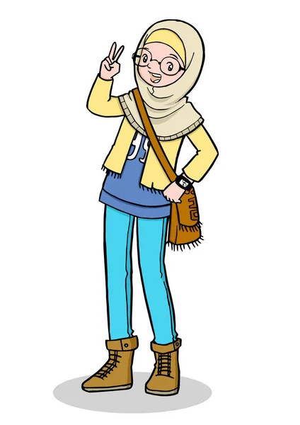 Ilustración de dibujos animados de chica musulmana con bolsa — Vector de stock