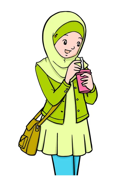 Ilustrasi kartun dari gadis Muslim dengan tas - Stok Vektor