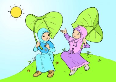 Büyük yaprakları ile oynarken ikiz kız