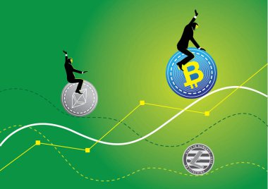 Finans başarı. Yukarı doğru bir kripto currenc üzerinde sürüş işadamı
