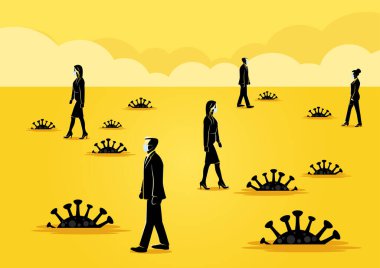 Corona virüsü tuzağının arasında yürüyen bir iş adamının çizimi.