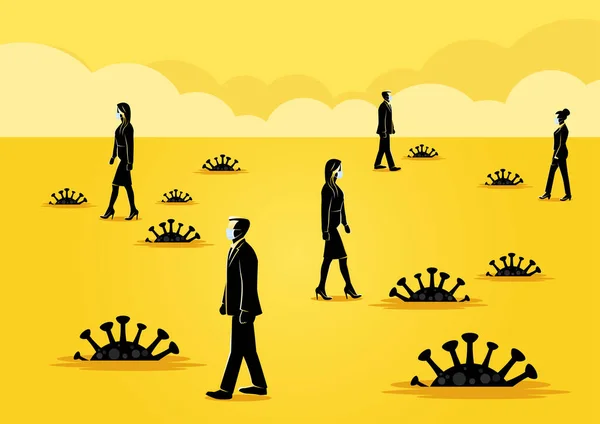 Corona virüsü tuzağının arasında yürüyen bir iş adamının çizimi.