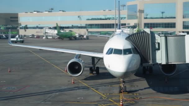 Das Flugzeug steht am Flughafen in der Nähe des Terminals. Boarding auf dem Flug. 4k — Stockvideo