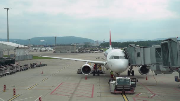 Plane is parked near the terminal. Luggage is being loaded onto the airplane. 4K — ストック動画