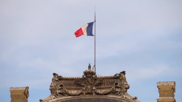 法国国旗在风中飘扬. 旗杆安装在卢浮宫屋顶上 — 图库视频影像