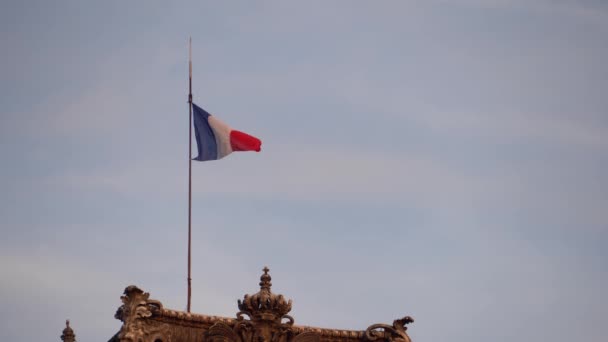 Vlag van Frankrijk wapperend in de wind. Vlaggenmast geïnstalleerd op dak Louvre Museum — Stockvideo