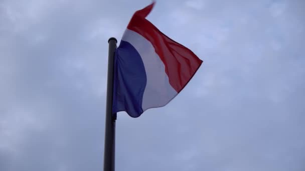 Pravá francouzská vlajka zblízka. Létající a kymácející se ve větru. Večerní obloha. Soumrak — Stock video
