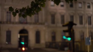 Paris caddesinin odaksız manzarası. İyi geceler. İki trafik ışığı ve bir bina cephesi
