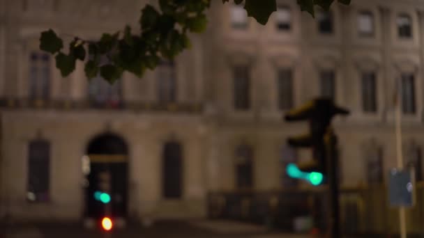 Oskärpa utsikt över Parisgatan. God natt. Två trafikljus och en byggnadsfasad — Stockvideo
