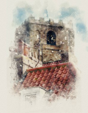 Whitby St Mary Kilisesi Yorkshire Uk dijital suluboya resim. Bu renkli resimli kıyı sahnesi turistler arasında popülerdir, & Whitby Bram Stoker 'ın Drakula karakteri ile ortaklıklarıyla ünlüdür. Kilise 1000 yıl öncesine dayanıyor.