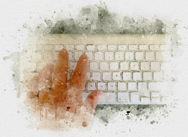 Digital Watercolour Painting Fingers Tapping Modern Computer Keyboard — Stock Photo, Image