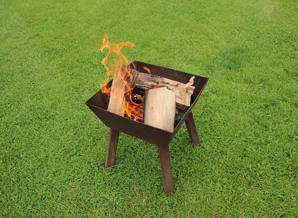 Firepit with flames and logs on grass lawn