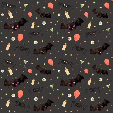 Suluboya Cadılar Bayramı deseni, yarasalar, kırmızı balonlar, mumlar.