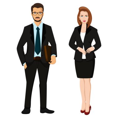 İş ortaklığı kavramı. Beyaz arka planda duran genç adam ve kadın