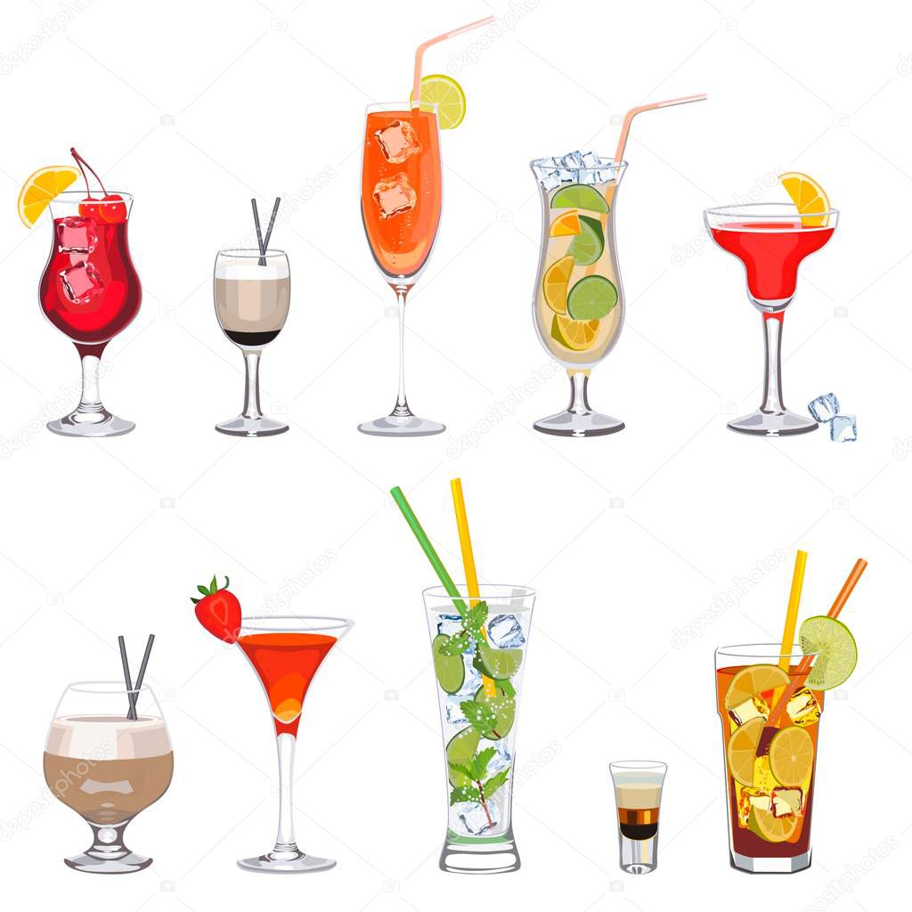 Set of cocktails for menus, glasses and shots.