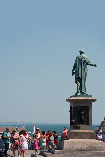 ODESSA, UKRAINE - AUGUST 8, 2017: Statue of the Duke of Richelieu in Odessa. View on Black sea, UKRAINE on AUGUST 8, 2017.