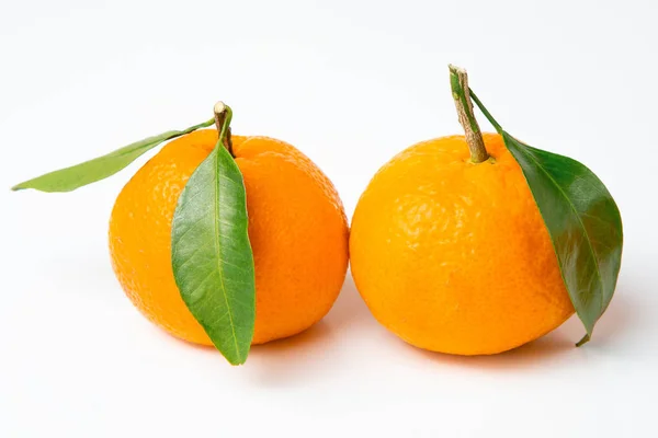 Φρέσκα, φωτεινά φρούτα. Δύο μανταρίνια με ένα φύλλο σε λευκό απομονωμένο φόντο. — Φωτογραφία Αρχείου