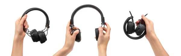 Prêt. Les mains d'un adolescent tiennent des écouteurs sans fil noirs dans différentes positions. Fond blanc . — Photo