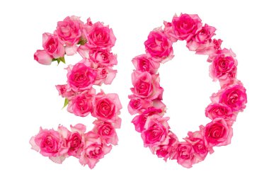 Beyaz izole edilmiş arka planda güllerden yapılmış 30 numara. Pembe güller. Dekorasyon elementi. Yıldönümü, tatil.