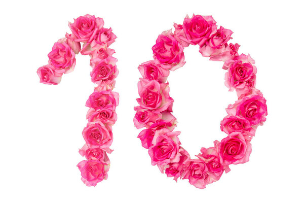 Number 10 made from roses on a white isolated background. Pink roses. Element for decoration. Anniversary, holiday.