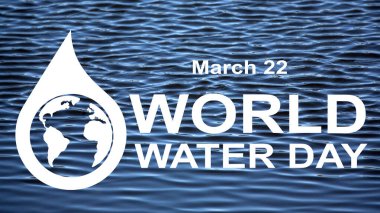 22 Mart Dünya Su Günü. Dalgaların arkaplanındaki sözcükler ve semboller. İçinde kıtalar olan bir küre olan bir damla su. Çevre koruma. Kavram: Çevre dostu.