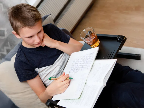 Chico Con Portátil Hace Tarea Sofá Enseñanza Distancia Cuarentena Libros —  Fotos de Stock