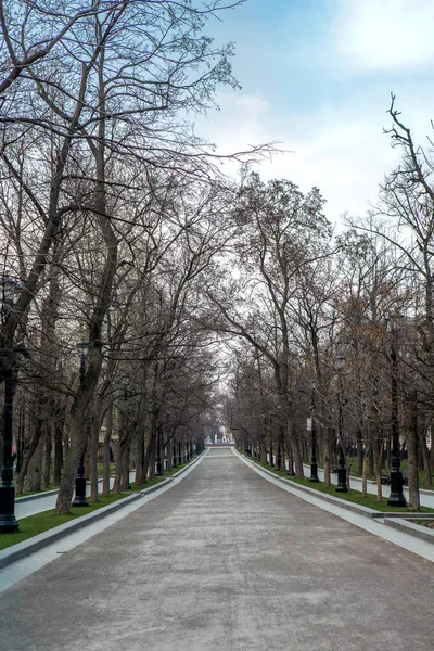 Park alley without people. Self-isolation in the city. Center of Moscow, Tverskaya Boulevard. Sunny spring day.