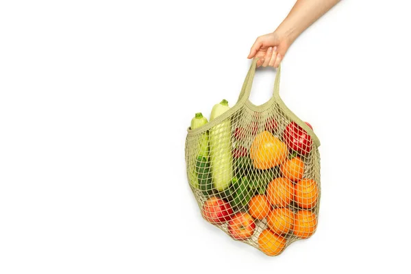 Una Mano Sostiene Una Bolsa Tanga Con Verduras Frutas Sobre —  Fotos de Stock