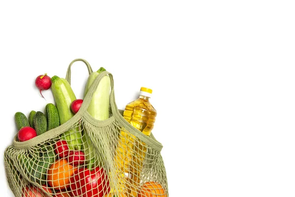Verduras Frutas Una Bolsa Hilo Sobre Fondo Blanco Aislado Concepto — Foto de Stock