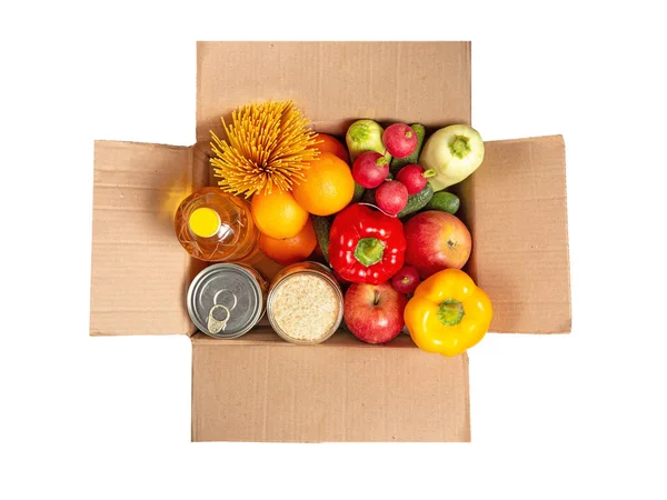 Картонная Коробка Набором Продуктов Питания Белом Изолированном Фоне Фрукты Овощи — стоковое фото