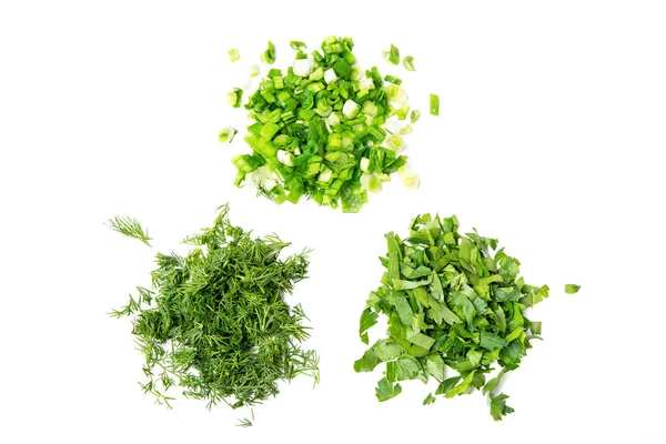 Handful Chopped Green Onions Parsley Dill White Isolated Background Vitamins — Stock Photo, Image