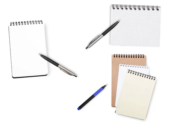 Set Notebooks Pens White Isolated Background Flat Lay Mockup Business — Stock Photo, Image