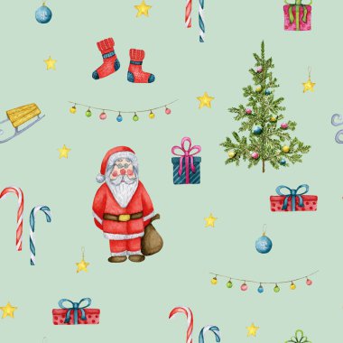 Noel Baba, Noel ağacı, kızak, Noel ağacı süslemeleri, yıldızlar, ampuller, hediyeler, yeşil arka planda çoraplar..