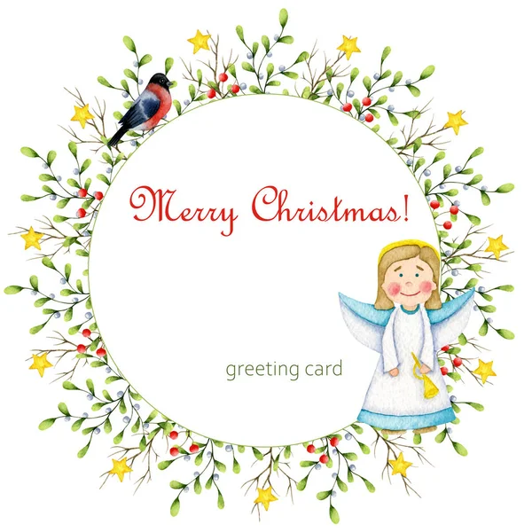 Holiday card in the form of a Christmas wreath decorated with stars with sprigs of mistletoe and viburnum on a white background. Christmas frame for congratulations with a cute angel and a bullfinch. — Stock Photo, Image