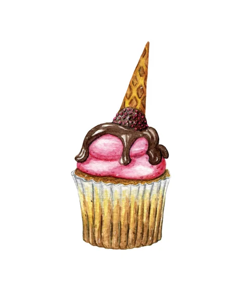 Cupcake divertente acquerello fatto di pasta biscotto e fragola, crema di lamponi, decorato con cioccolato e gelato isolato su uno sfondo bianco — Foto Stock