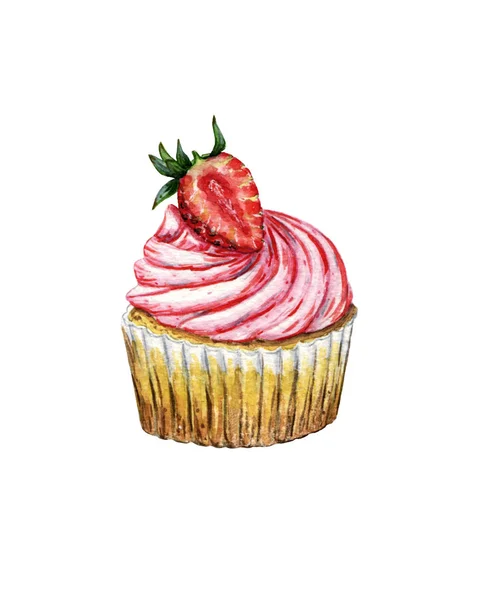 Süße Beeren-Cupcake aus Vanille-Keks-Teig und Butter-Erdbeercreme, dekoriert mit Garten-Erdbeere — Stockfoto