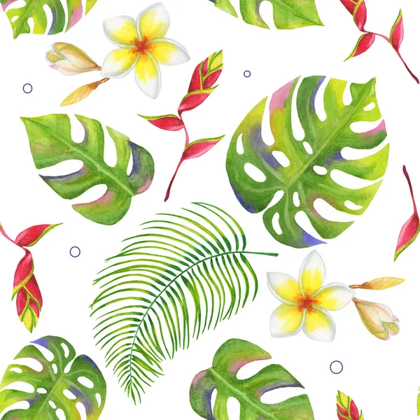 Bright and rich tropical seamless pattern with geometric elements, leaves and flowers of jungle plants: monstera, palm leaves, plumeria, heliconia on white background — 스톡 사진