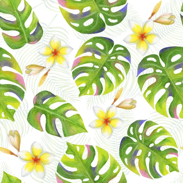 Two-layer complex tropical seamless pattern with palm tree leaves, monstera and frangipani flowers — 스톡 사진