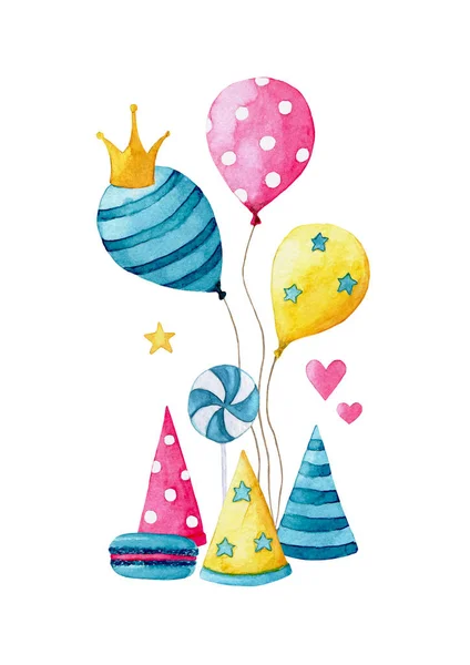 Cute happy birthday or anniversary composition of balloons, caps, lollipops, stars, hearts, crowns, macaroons for a holiday card, poster or banner. — Stok fotoğraf