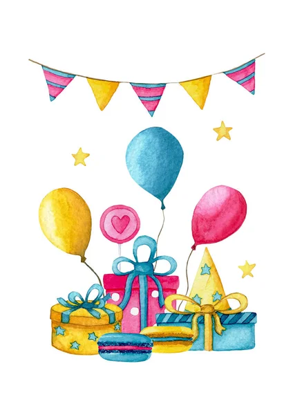 Nádherné světlé složení balónků, dárkových krabic, čepic, lízátek, hvězd, makarónů na pozdrav plakát nebo banner k narozeninám nebo k výročí pozdravy — Stock fotografie