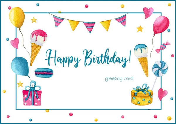 Charming mockup for creating a festive card for birthday or anniversary greetings with ice cream, candies, colorful confetti, gift boxes, balloons, macaroons, stars, hearts, candies and flags.