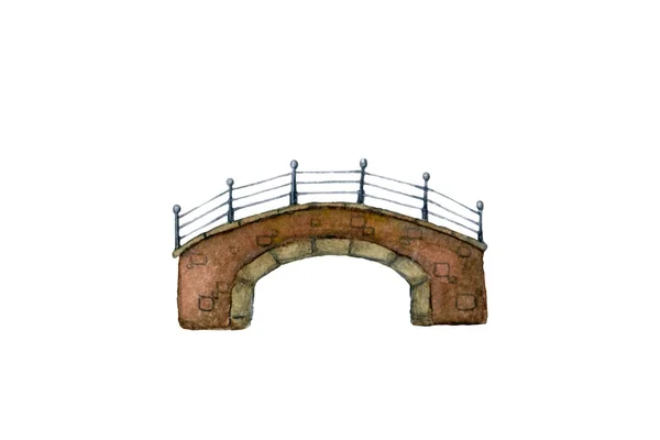 Old stone river bridge with wrought iron railing in a small town painted in watercolor isolated on white background — 스톡 사진