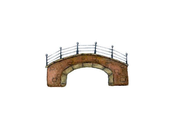 Old stone river bridge with wrought iron railing in a small town painted in watercolor isolated on white background
