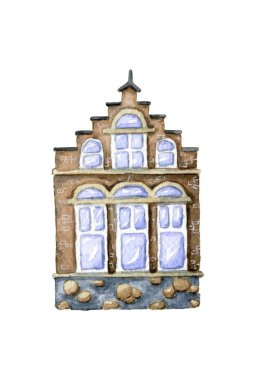 Suluboya el, beyaz arka planda izole edilmiş damlı ve geniş panoramik pencereli kahverengi tuğlalı Amsterdam kasaba evini çizdi.