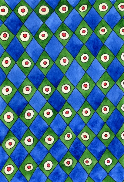 Unusual watercolor hand drawn pattern of blue and green rhombuses with red eyes based on the fairy tale Alice in Wonderland