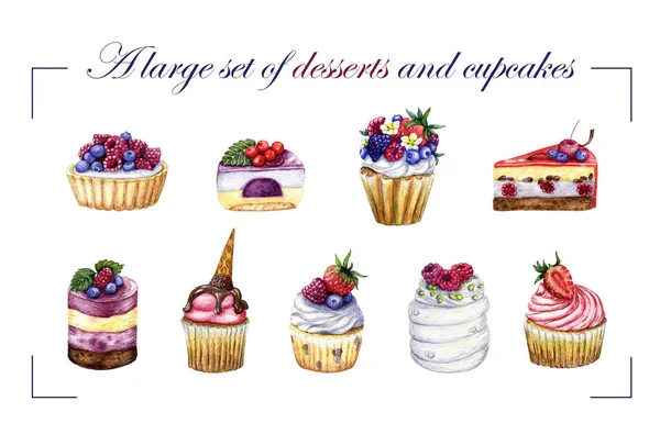 Egy nagy sor édes desszertek és aranyos cupcakes tejszínhabbal és vajkrém, díszített csokoládé, bogyók, gyümölcsök és virágok elszigetelt fehér alapon — Stock Fotó